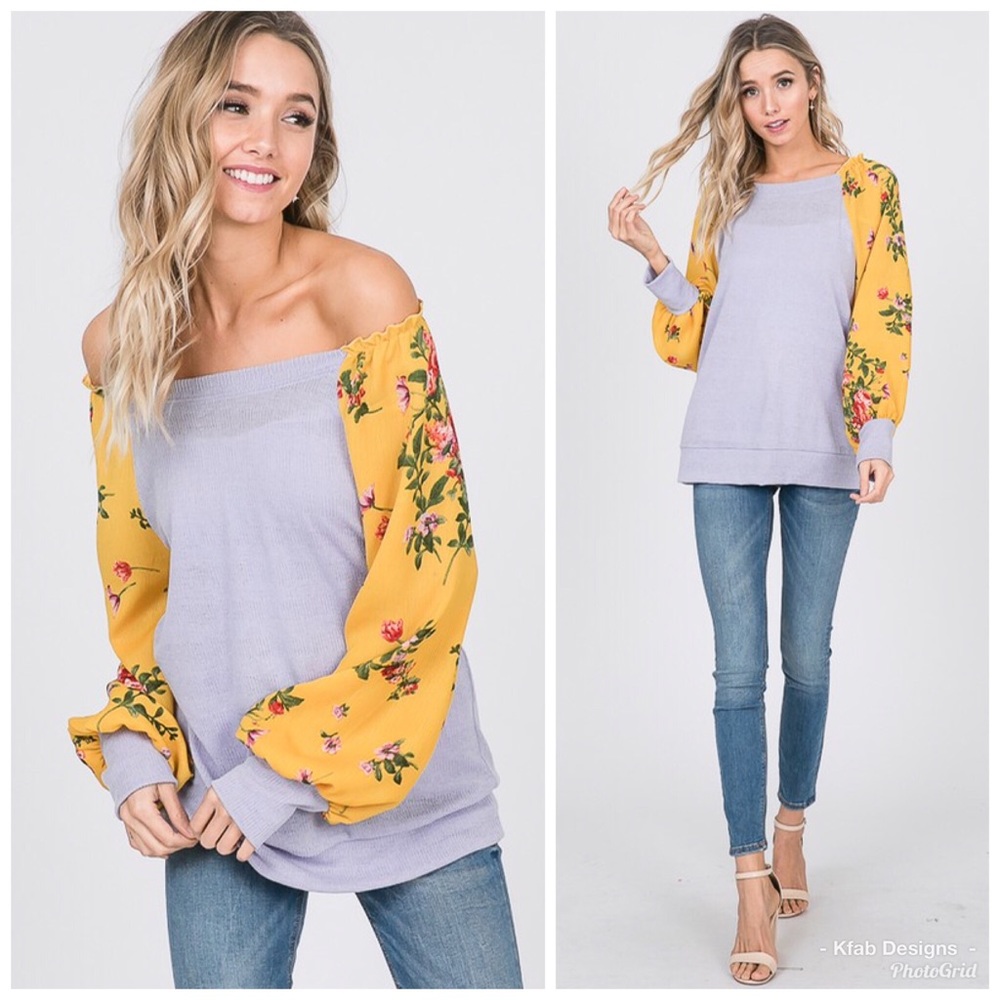 LAST 1! Floral Contrast Lavender On/Off Shoulder Top! - Picture 2 of 5